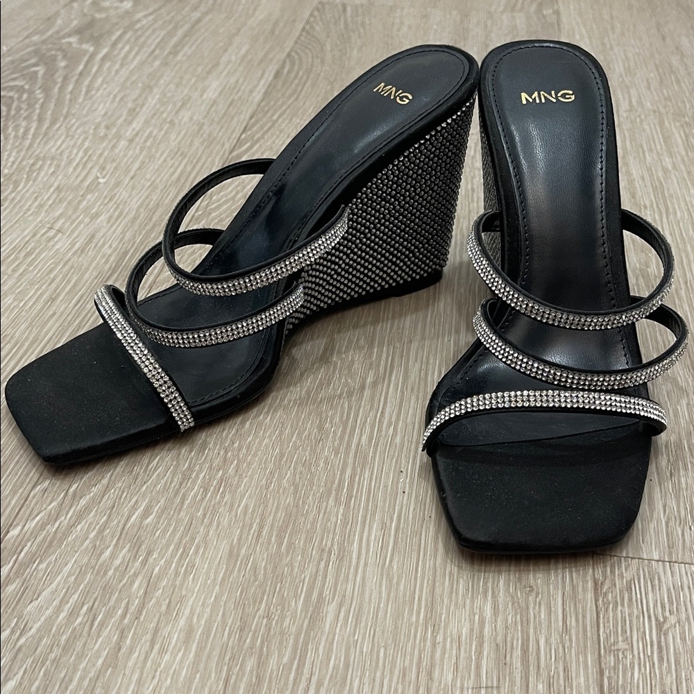 Mango Black and Silver Strappy Wedge Heels 7
